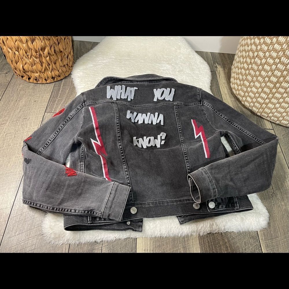 Zara Awesome What You Wanna Know Graphic Embroidered Black Denim Jacket - Picture 1 of 9